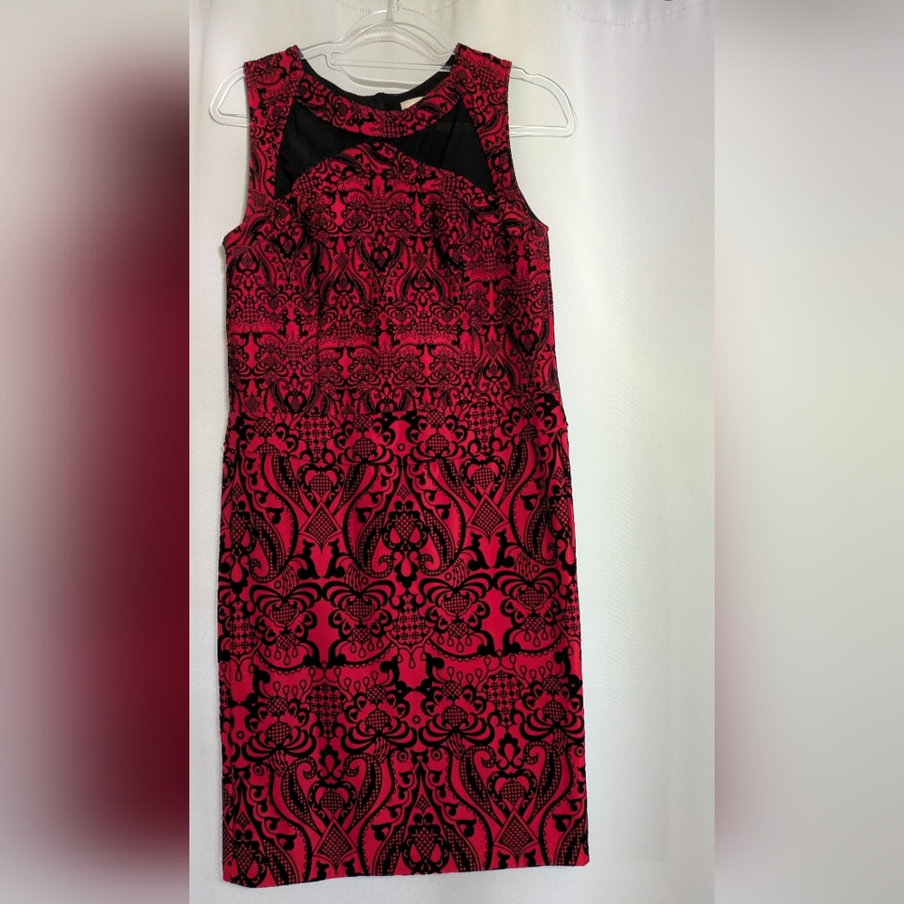 eci Red And Black Flocked Dress With Lace Detail. Size 8. - Picture 2 of 11